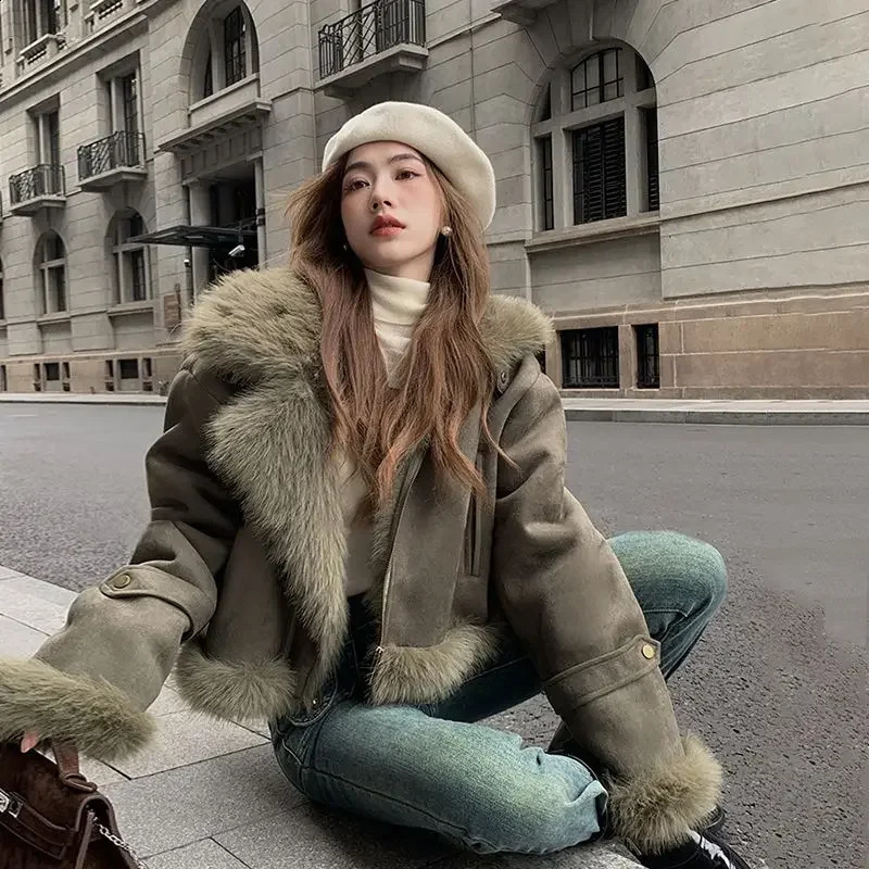 Fur Coat Suede Short Motorcycle Wear Jacket Clothing Korean Fashion Casual Winter Tops 241223