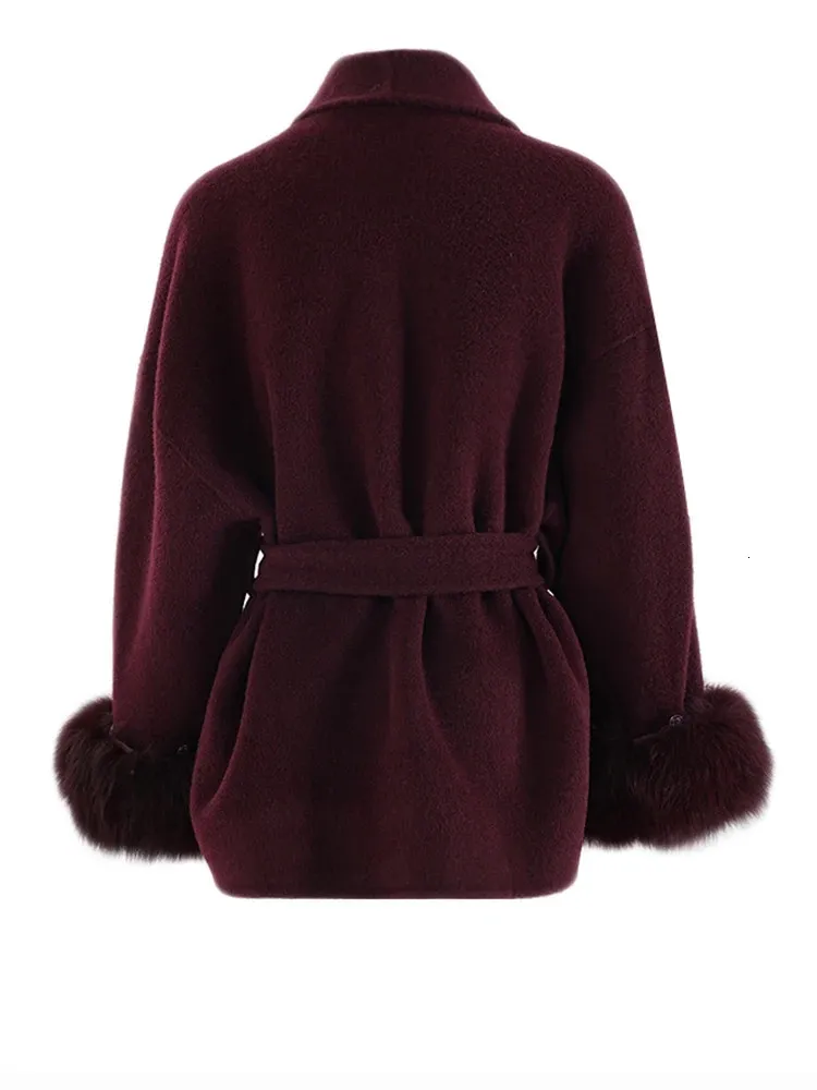 Trend Winter Large Belt Wool Coat Collar Long Sleeve Womens Jacket With Wine Red Fur Cuffs