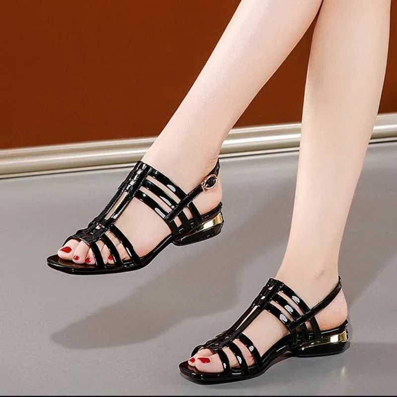 High Quality Comemore Low Heel Sandals Women Patent Leather Hollow Out Summer Womens Shoes New Soft Sole Fashion Ladies Roman Sandals 40 T241227