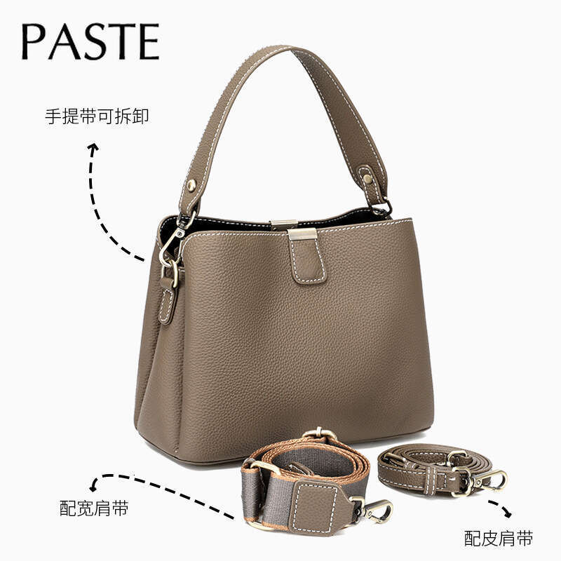 New 100% Genuine Leather Women's Bucket Grey Beige Color High Quality Women Elegant Shoulder Crossbody Bag Female Handbag
