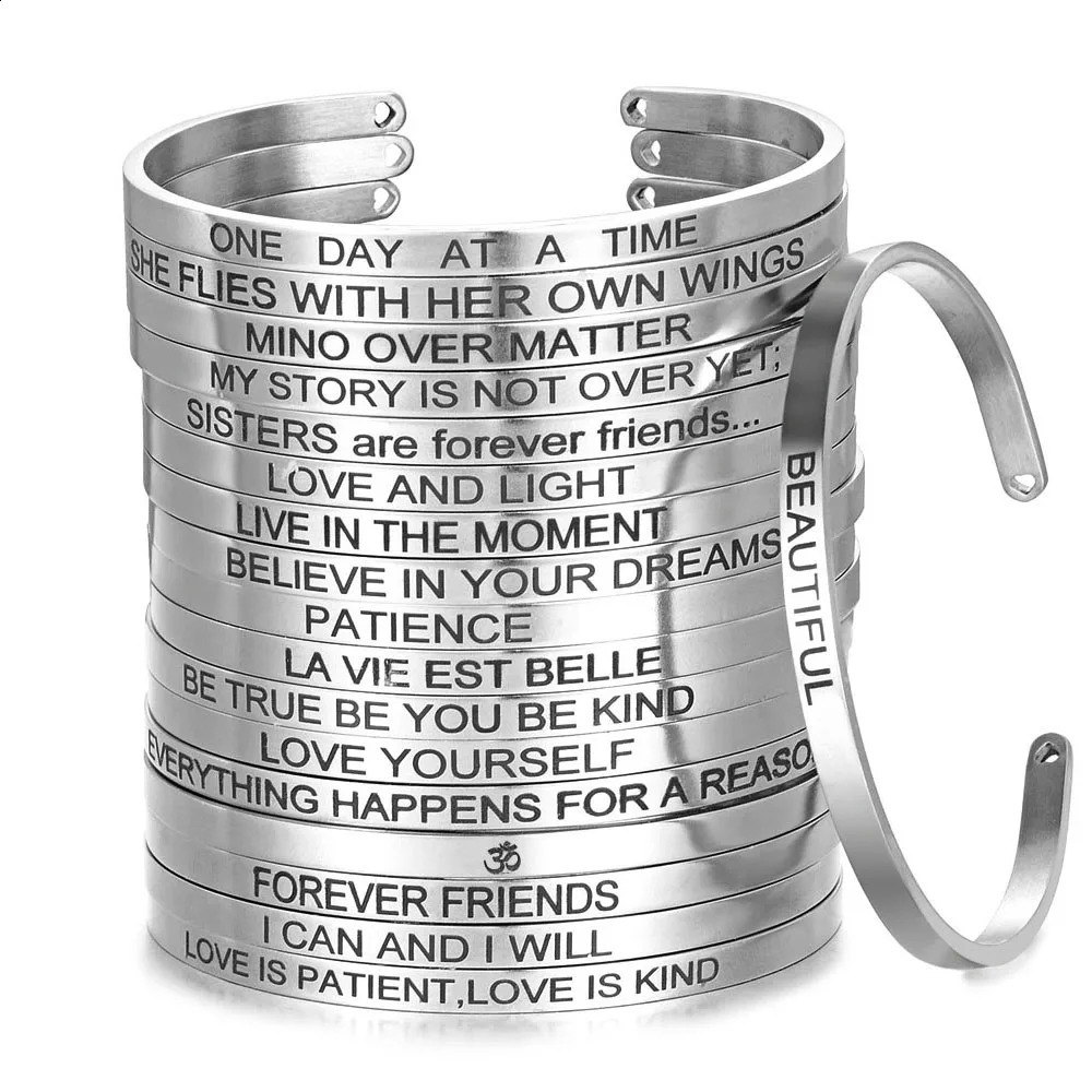 Stainless Steel Bangle Engraved Positive Inspirational Quote Mantra Cuff Steel Bracelets for Women Men 4mm Jewelry Gift 241227