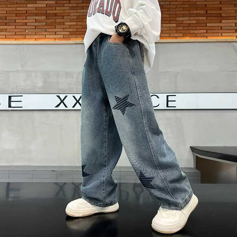 Korean Kids Boy Casual Thermal Jeans Clothes With Star Print Children Winter Warm Denim Pants Elastic Waist Thick Jeans Trousers W241227