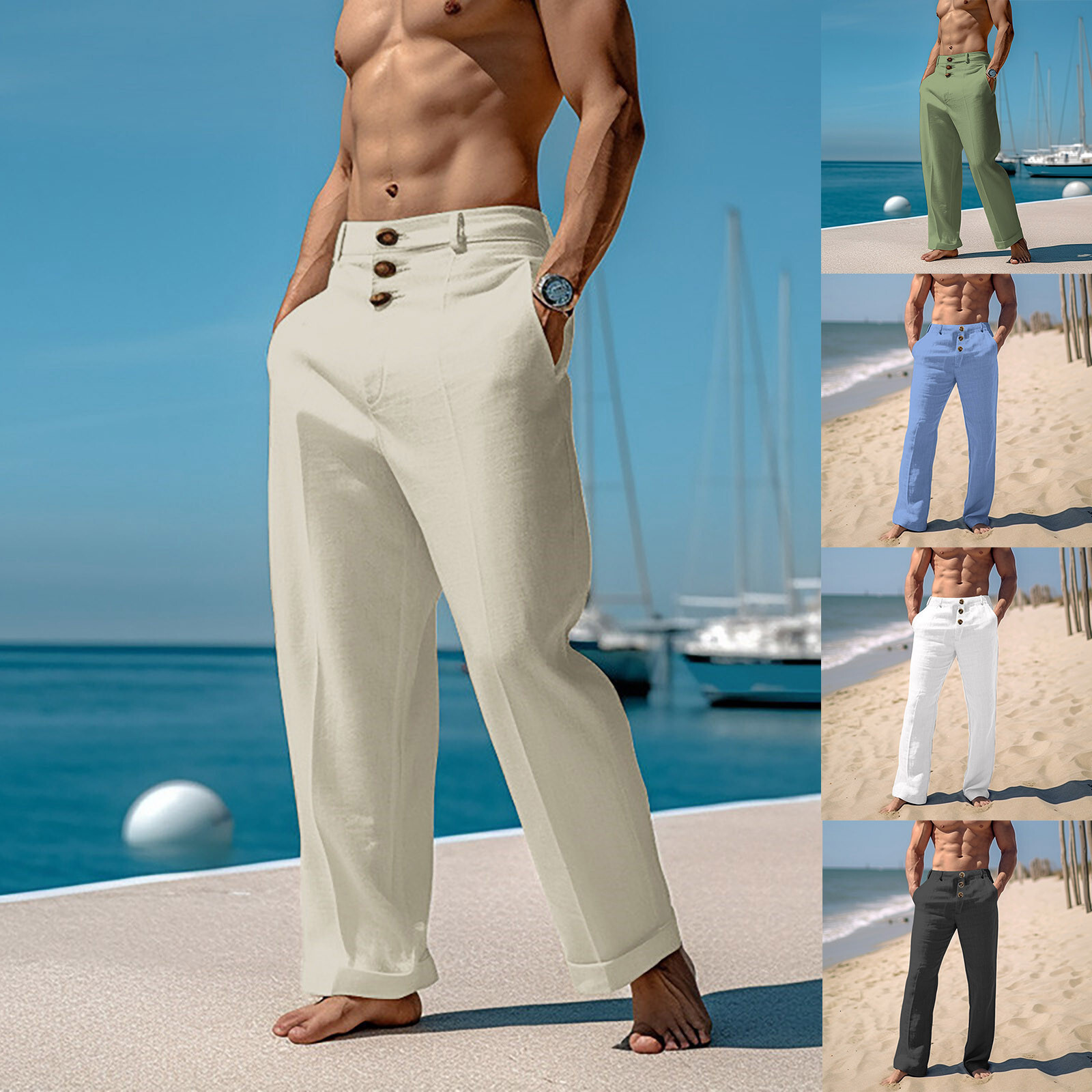 Cotton en Casual Pants For Men Solid color Buttoned Loose Comfort Ventilate Long Trousers Spring Summer Beach Pant Streetwear