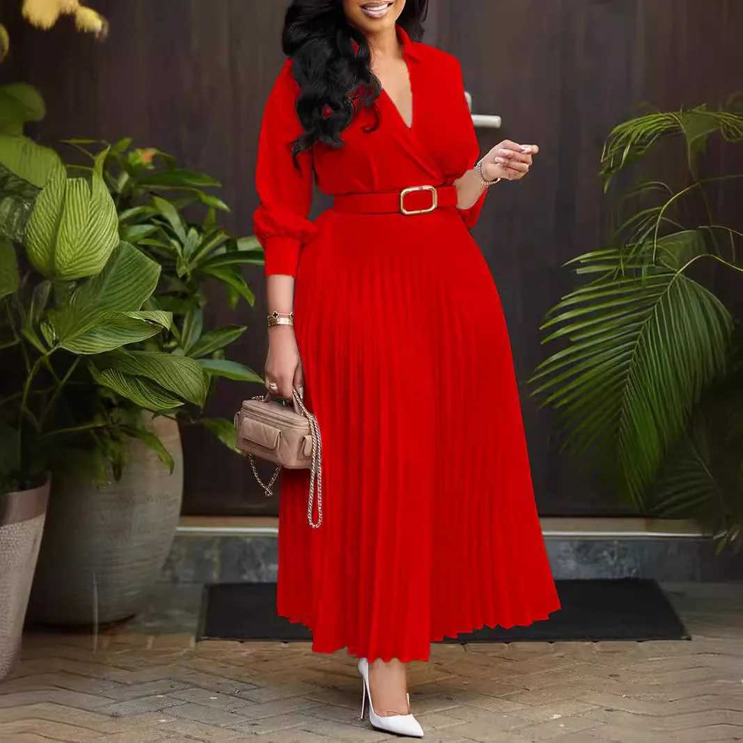 Autumn womens pleated V-neck long Sleve belt Midi dress elegant long Sleve belt red and white evening dress X2412261