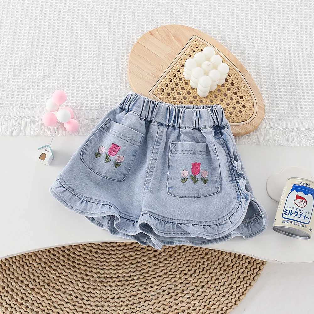 Kids Shorts Tulip Embroidery Lace Jeans Cute Shorts Jeans for Short Girls 2 To 6 Years Boutique Kids Clothing W241227