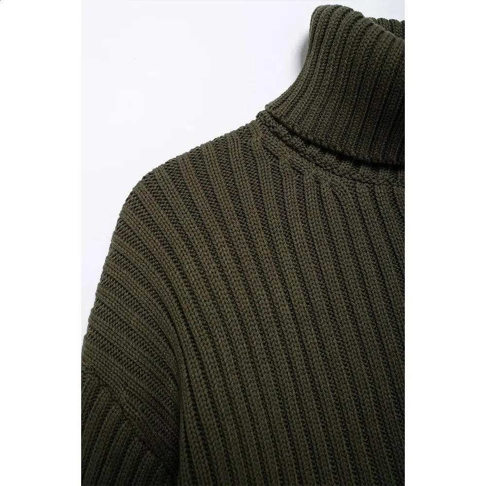 DUOPERI Women Fashion Green Knitted Sweater Long Sleeves Turtleneck Pullover Female Chic Lady Casual Crop Tops 241223