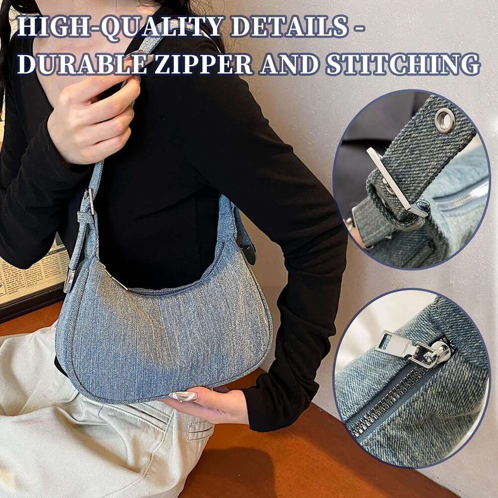 Small Denim Purse, Crescent Bag, Shoulder Bag for Women, Vintage Casual Handbag with Adjustable Strap