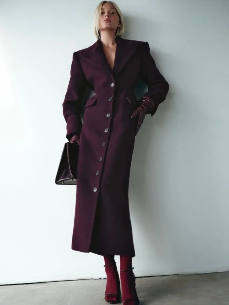 Fashion High Waist Flap Pockets Long Coats Elegant Burgundy Lapel Single Breasted Wool Blends Overcoat Lady Street Outerwear 241226