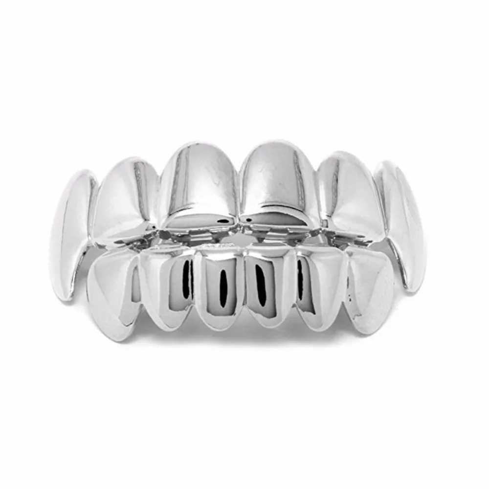 JINAO Silver-Plated Hip Hop Teeth For Mouth Grillz Cs Top Bottom Grill Set vampire teeth for Halloween Christmas Party Sets W241227