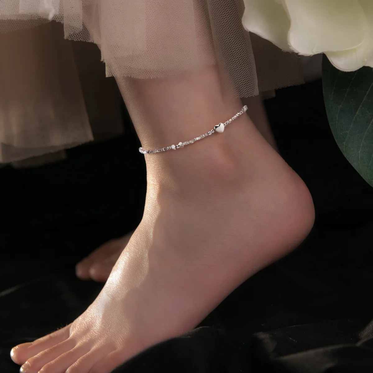 194cm Irregular Heart Anklet For Women Sweet Romantic Silver 925 ID Card Bead Bracelet Shinny Fine Jewelry 241226