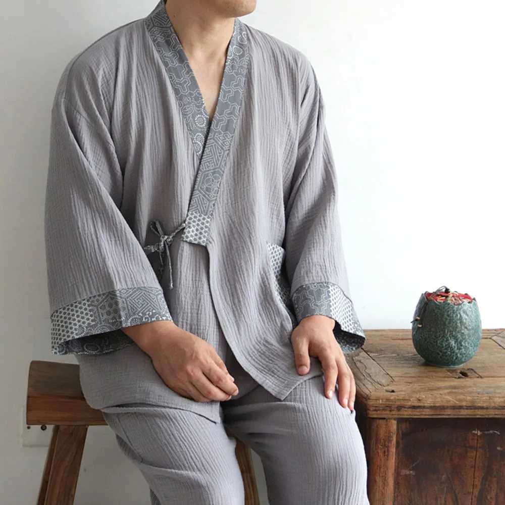 Pure Cotton Mens Pajamas Set Japanese Kimono Plus Size Long Sleeve Pant Suit Casual Comfortable Home Service Two-piece SleepwearXJ241227