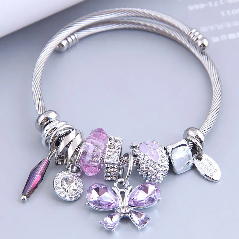 Stainless Steel Cuff Bangle Butterfly Crystal Tassel Bracelet Crystal Bead String 241227
