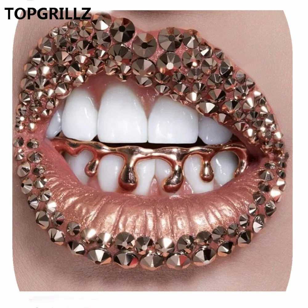 TOPGRILLZ Fit Light Yellow Gold Rose Plated Hip Hop Tooth Drop Grill CS Bottom Grill Silver Grill W241227