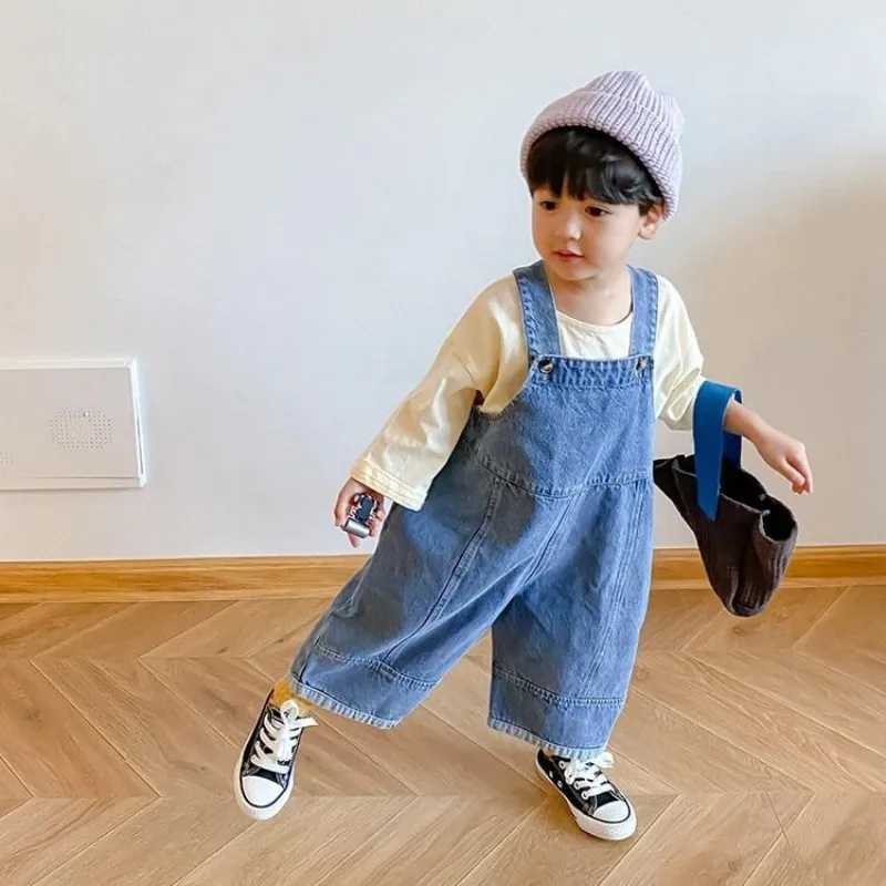 Autumn New Childrens Loose Top Boys and Girls Casual Full Match Cowboy Trouser Spring Autumn Solid Coat 1-7Y Childrens Belly Pants W241227