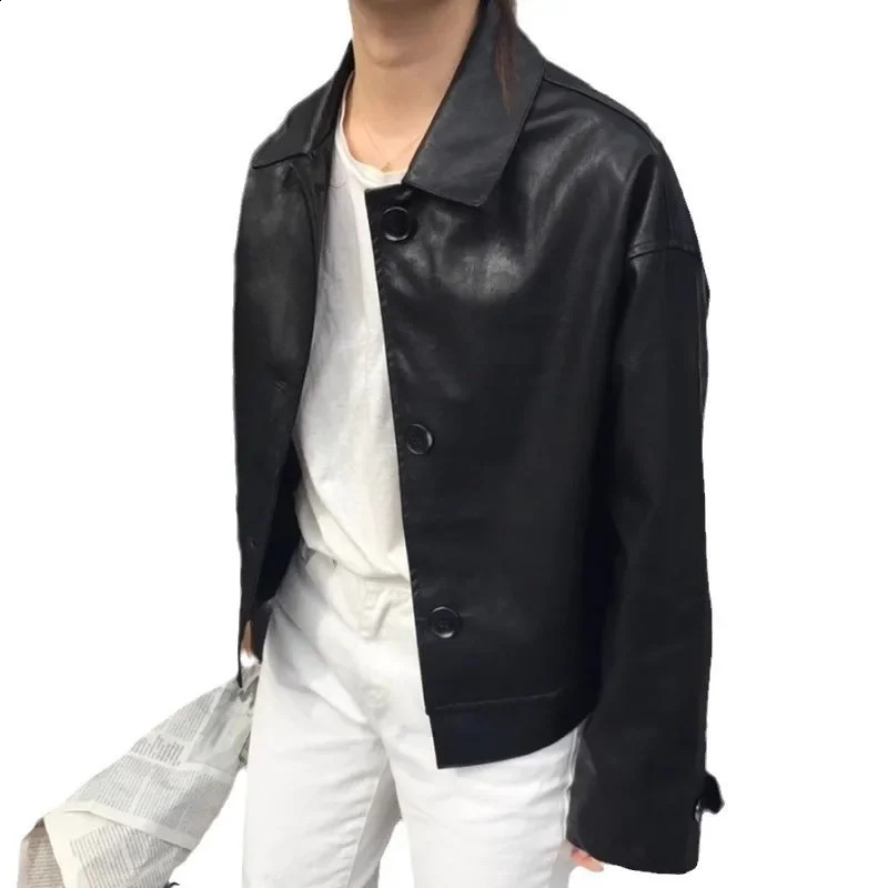 2024 ZipUplapelpu Womens Leather Jacket Cropped LooseFit American Style Vintage Motorcycle Clothing AutumnWinter 241223