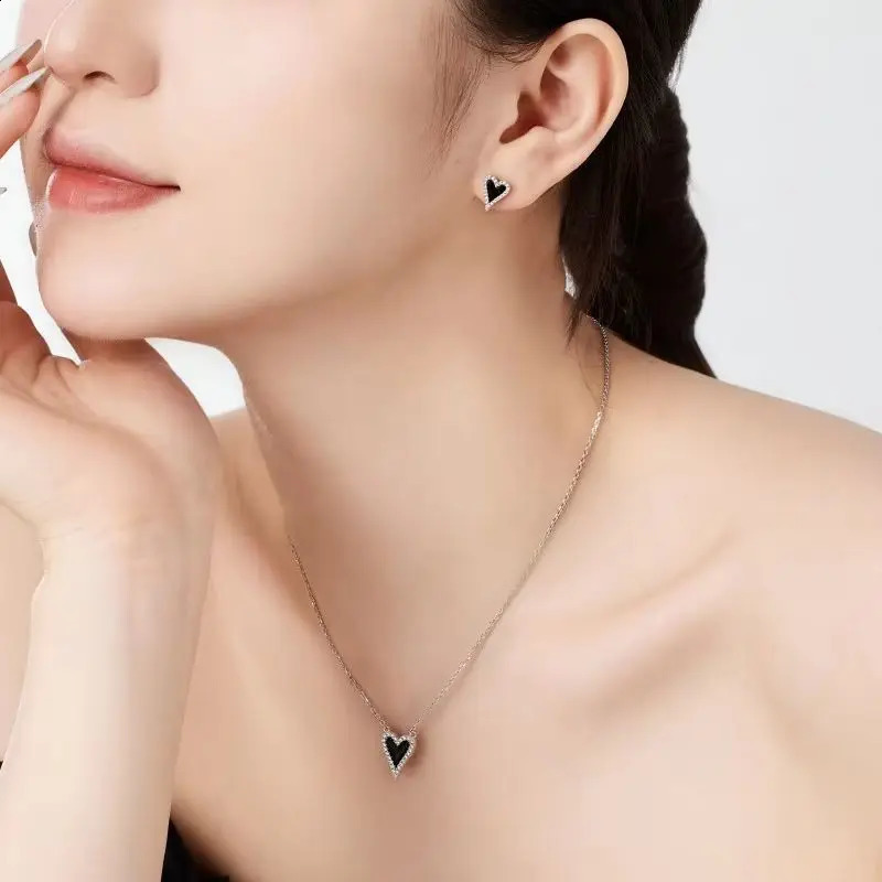 True S925 Silver Heart Jewelry Set Women Black Agate Turquoise Heart Necklace Earrings Female Jewelry 5A Zircon Girl Gift 241226