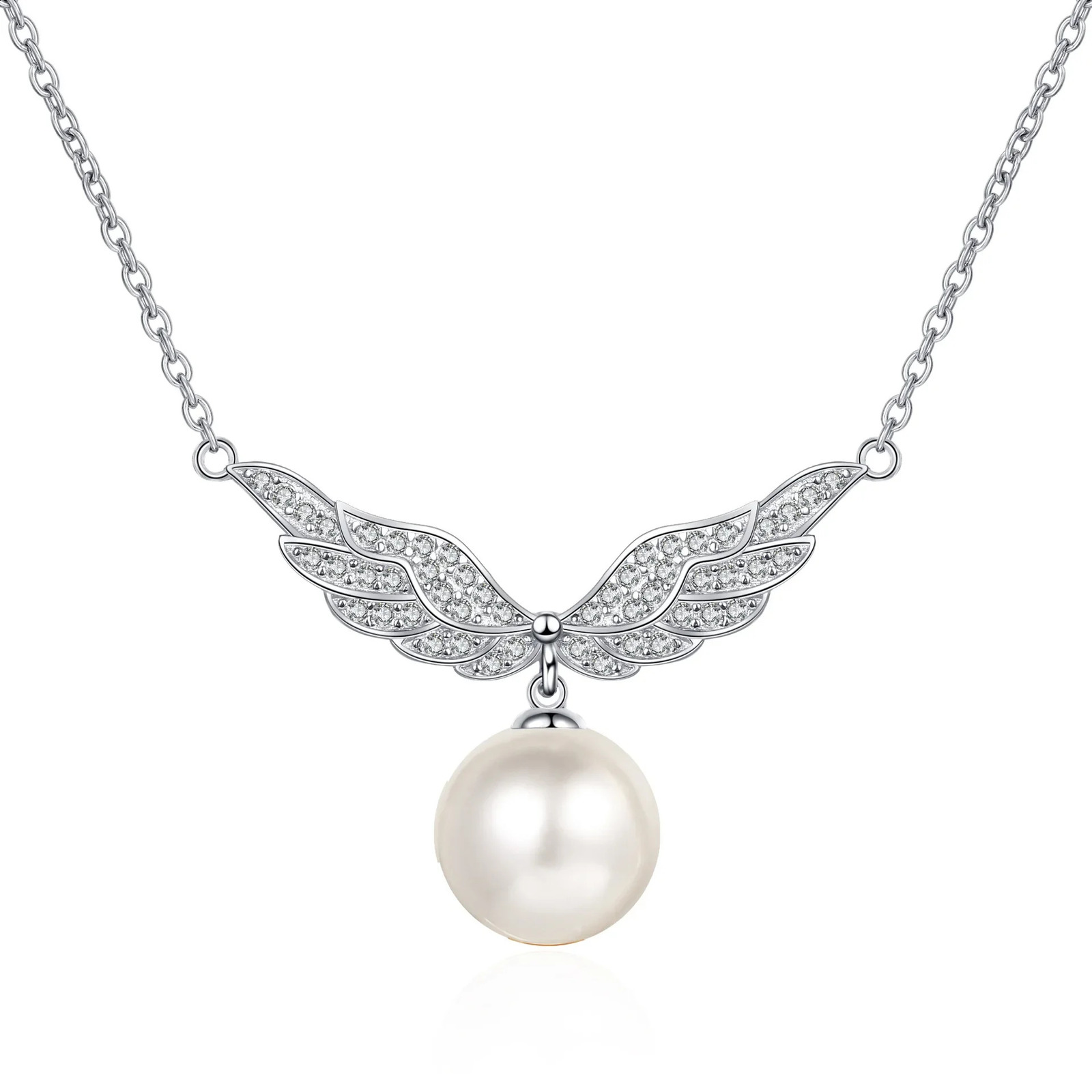 18K White Gold Cupids Heart Necklace Pendant for Women Romantic Angel Wings Collarbone Chain Pearl Birthday 241226
