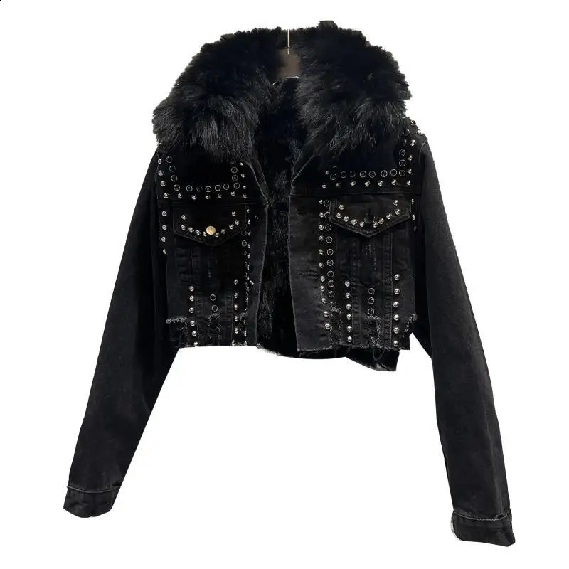 PREPOMP Winter Arrival Fox Fur Collar Rabbit Fur Rivets Ward Denim Jacket Women Short Coat GM164 241220