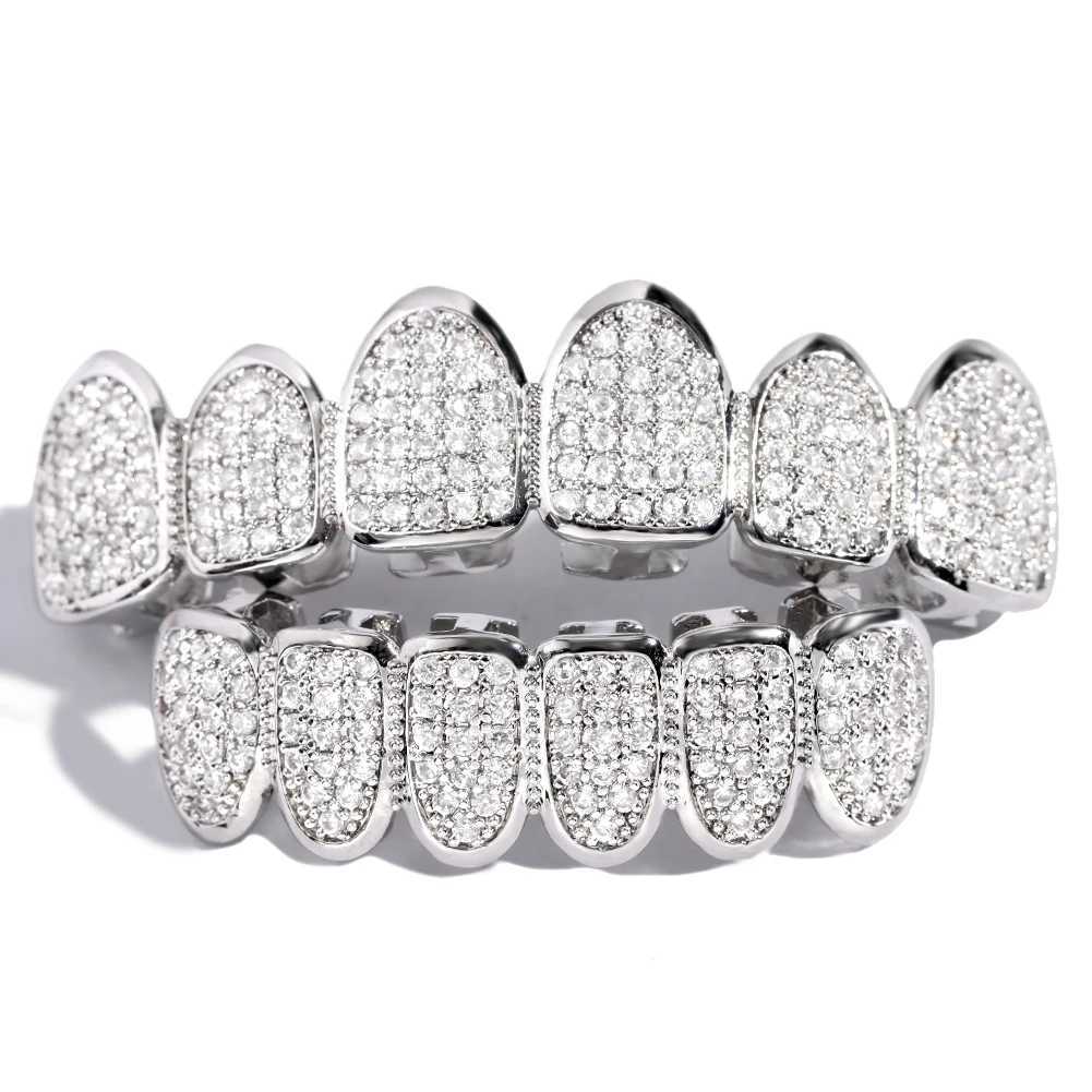 Gold Silver-Plated d Out CZ Teeth Grillz For Unisex Bling Full Zircon Pave Top Bottom Grills Set Punk Hip Hop Dental Jewelry W241227