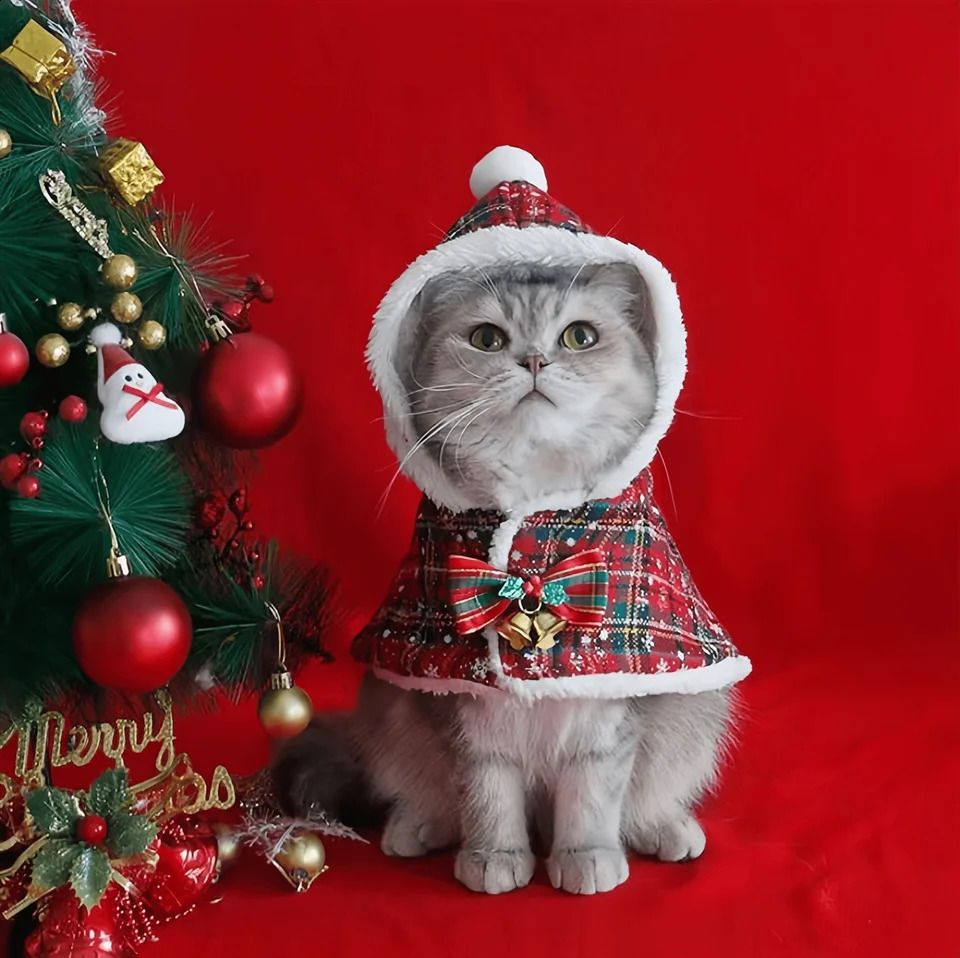 Christmas Cat Hoodie Warm Cloak Outfit for Small Dogs Cats CostumeCoat Clothes Pet Santa Cosplay Costume Dog Soft Plush clothes 241225