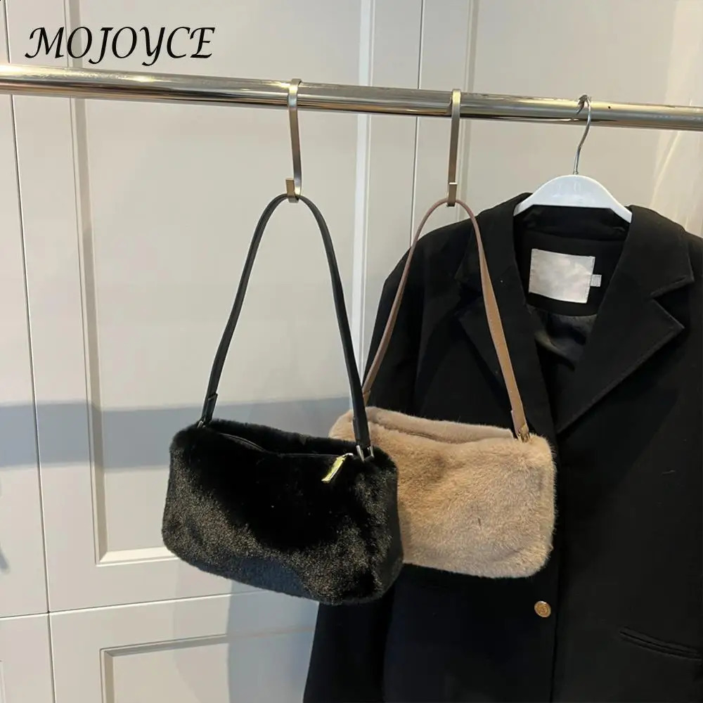 Women Plush Shoulder Bag Solid Color Underarm with Zipper Small Square Handbag Clutch Purse for Work Travel 241225