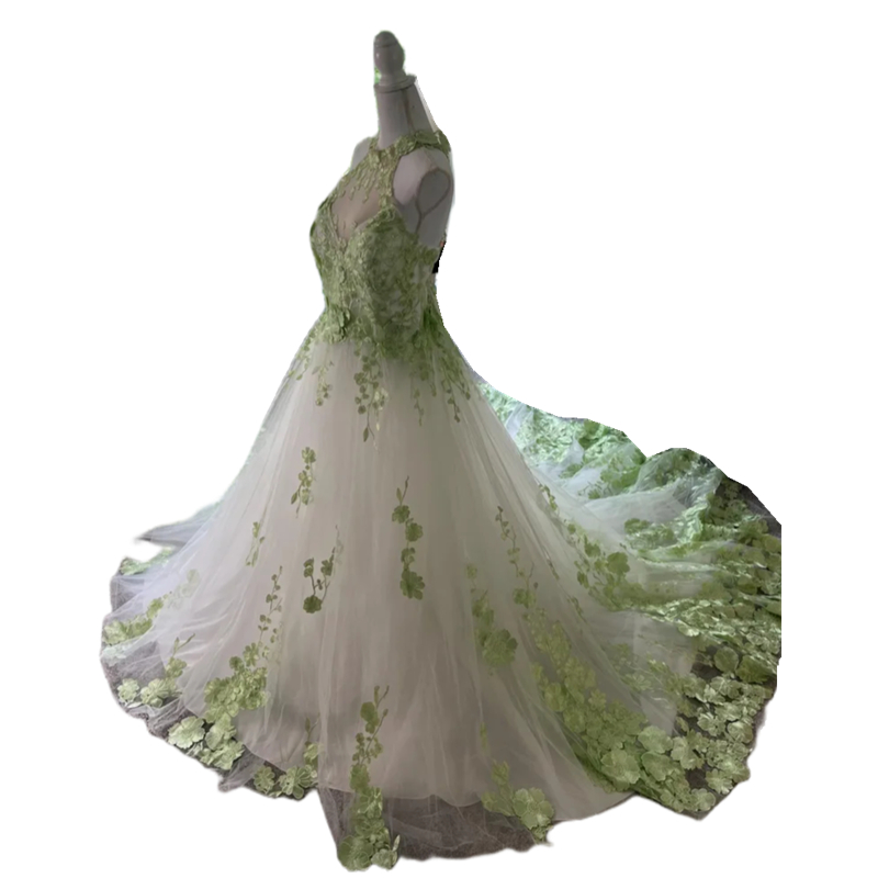 Flower Lace Appliques Boho Wedding Dresses Ivory And Green A-Line Bridal Gowns Sleeveless Jewel Neck Court Train Beach Country Bride Dress Custom Made