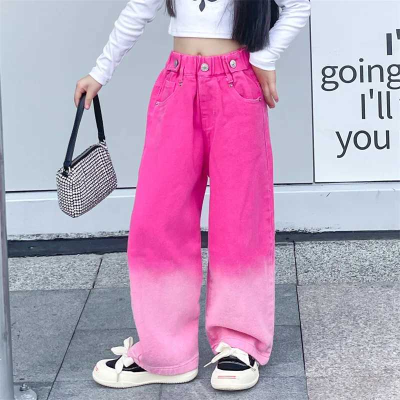 Jeans for Girls Candy Color Fashion Gradient Wide Leg Pants Childrens Clothes Spring Autumn Teenager Cotton Streetwear Trousers W241227