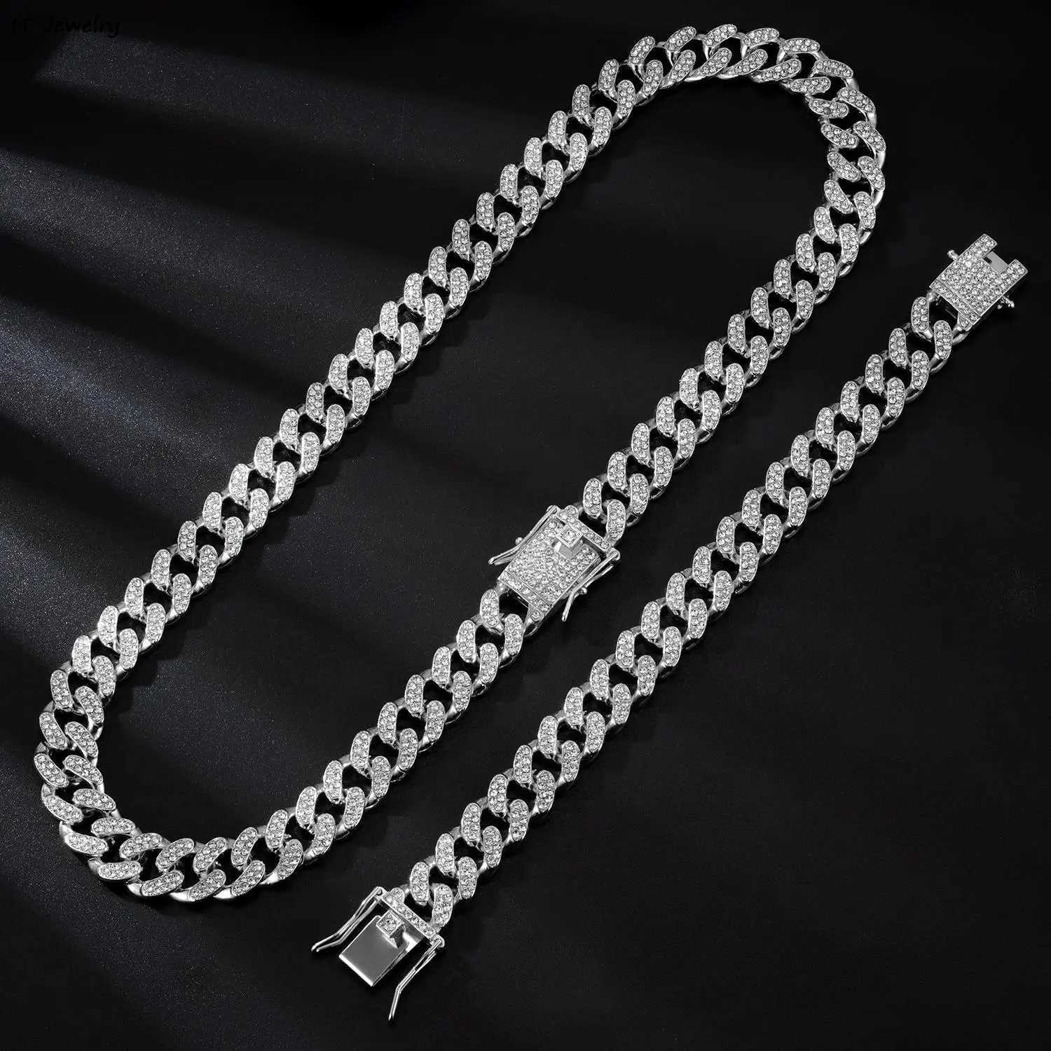 12mm set of Men Women Hip Hop d Out Bling Prong Cuban Chain Necklace Paved Rhinestone Link Chain Choker Necklace Men JewelryXJ241227