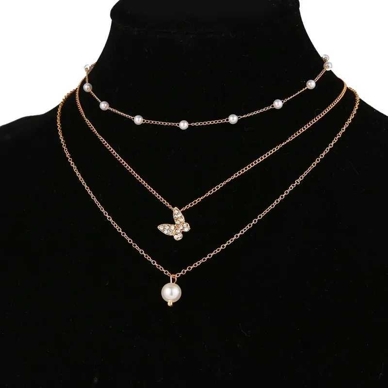 Fashion Butterfly Crystal Pearl Pendant Necklace Statement Clavicle Pearl Chain Layered Necklace Trend Butterfly Collar JewelryXJ241227