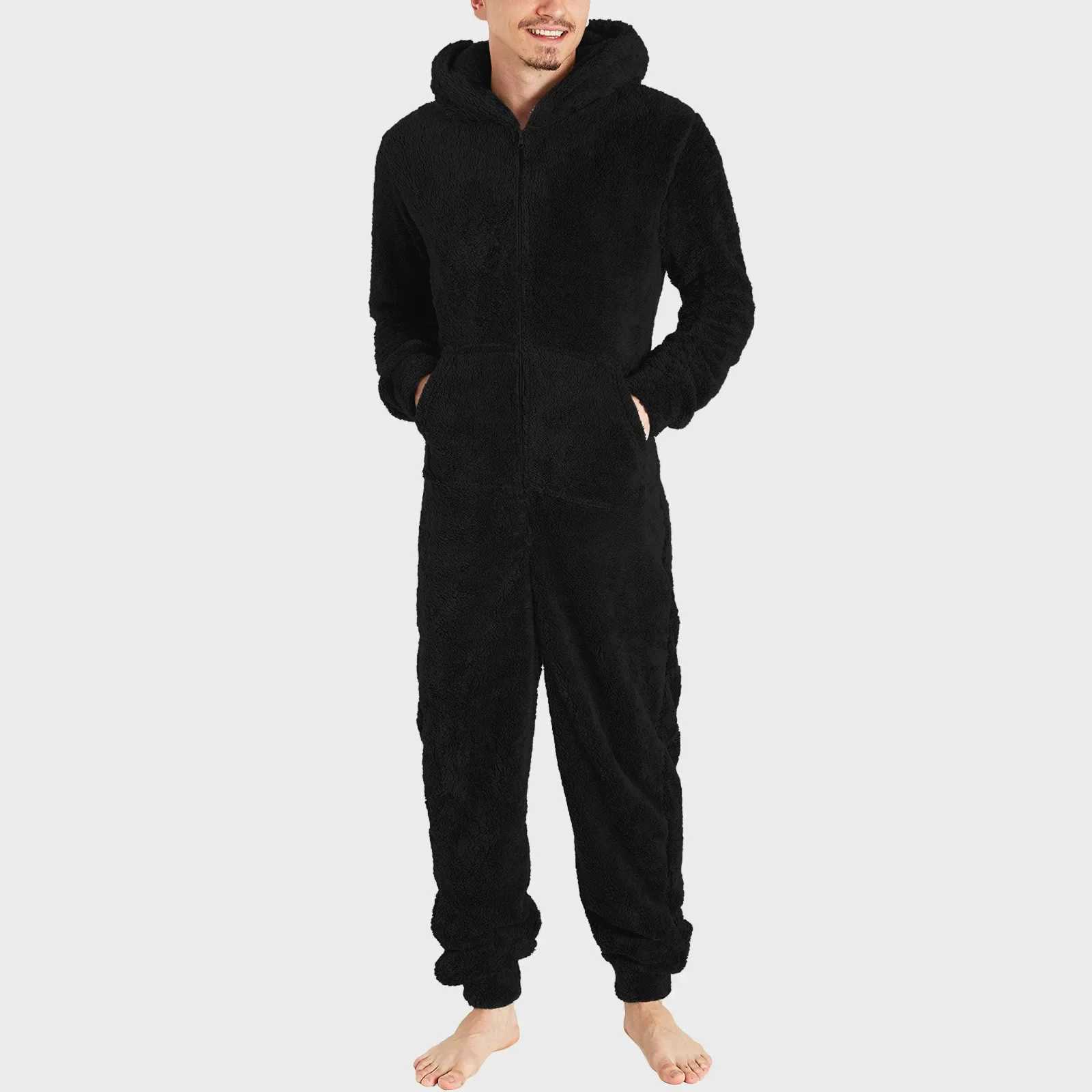 Winter Warm Teddy Fleece Pajamas for Men Plush Zipper Onesie Fluffy Hooded Sleepwear One Piece Sleep Lounge Pajama JumpsuitsXJ241227