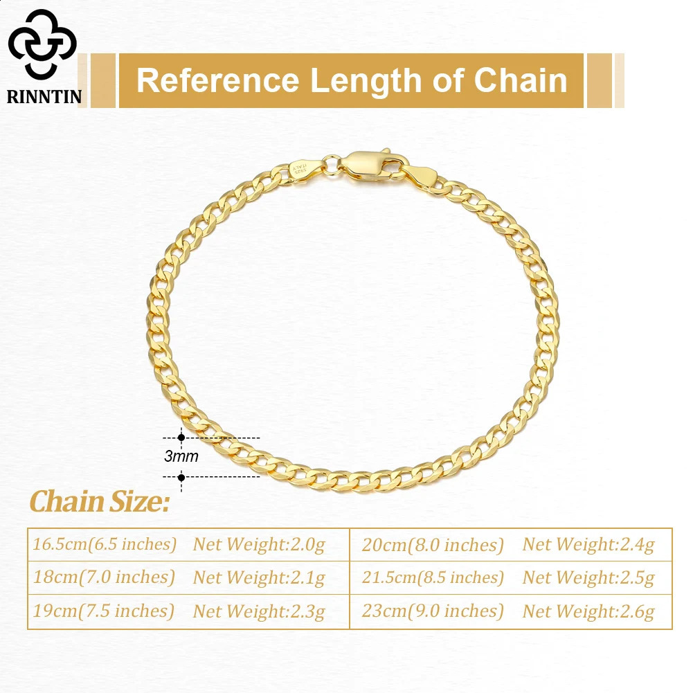 Rinntin 925 Sterling Silver Handmade 3mm Cuban Chain Bracelet for Men Women Italian Silver Link Chain Bracelet Jewelry SB123 241227