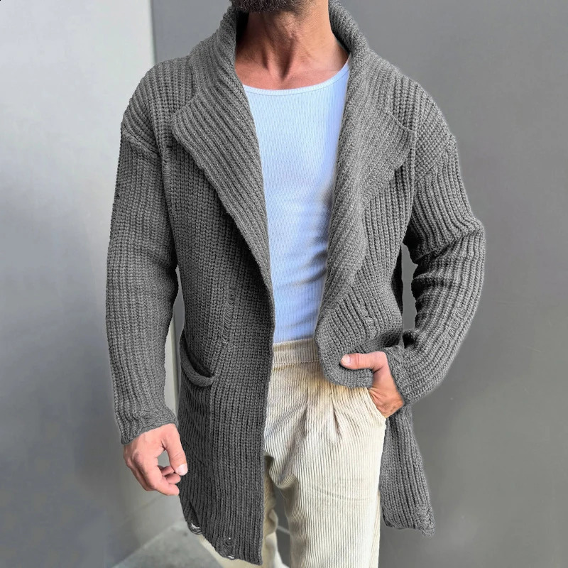 2025 Spring Trendy Mens Sweater Jacket Coat Vintage Pockets Turn-down Collar Knitting Coats Men Casual Solid Color Sweatercoats 241224