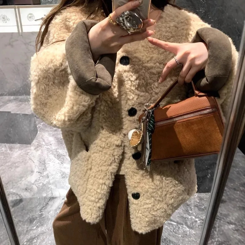 French Style Warm Lamb Wool Coat Winter Clothes Korean Chic Round Neck Casual Solid Color Fur Jacket Women Tops 241223