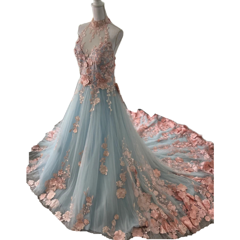Romantic Floral Lace A Line Wedding Dresses Light Sky Blue And Pink Boho Bridal Gowns Sleeveless A Line Spring Summer Garden Bride Dress 2025
