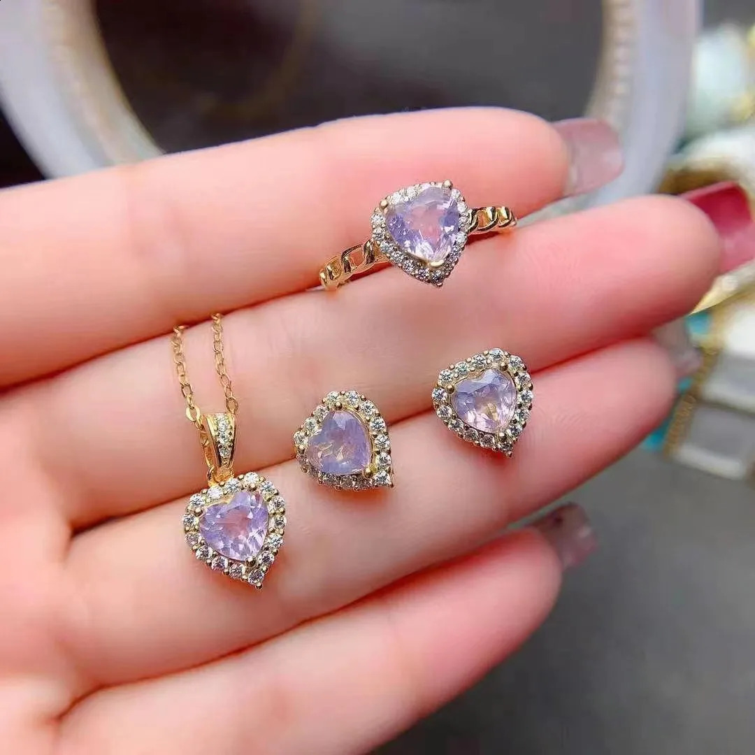 FS S925 Sterling Silver Natural Heart-shaped Amethyst Fine Jewelry Set for Women Ring Pendant Earrings 3-Piece With Certificate 241226