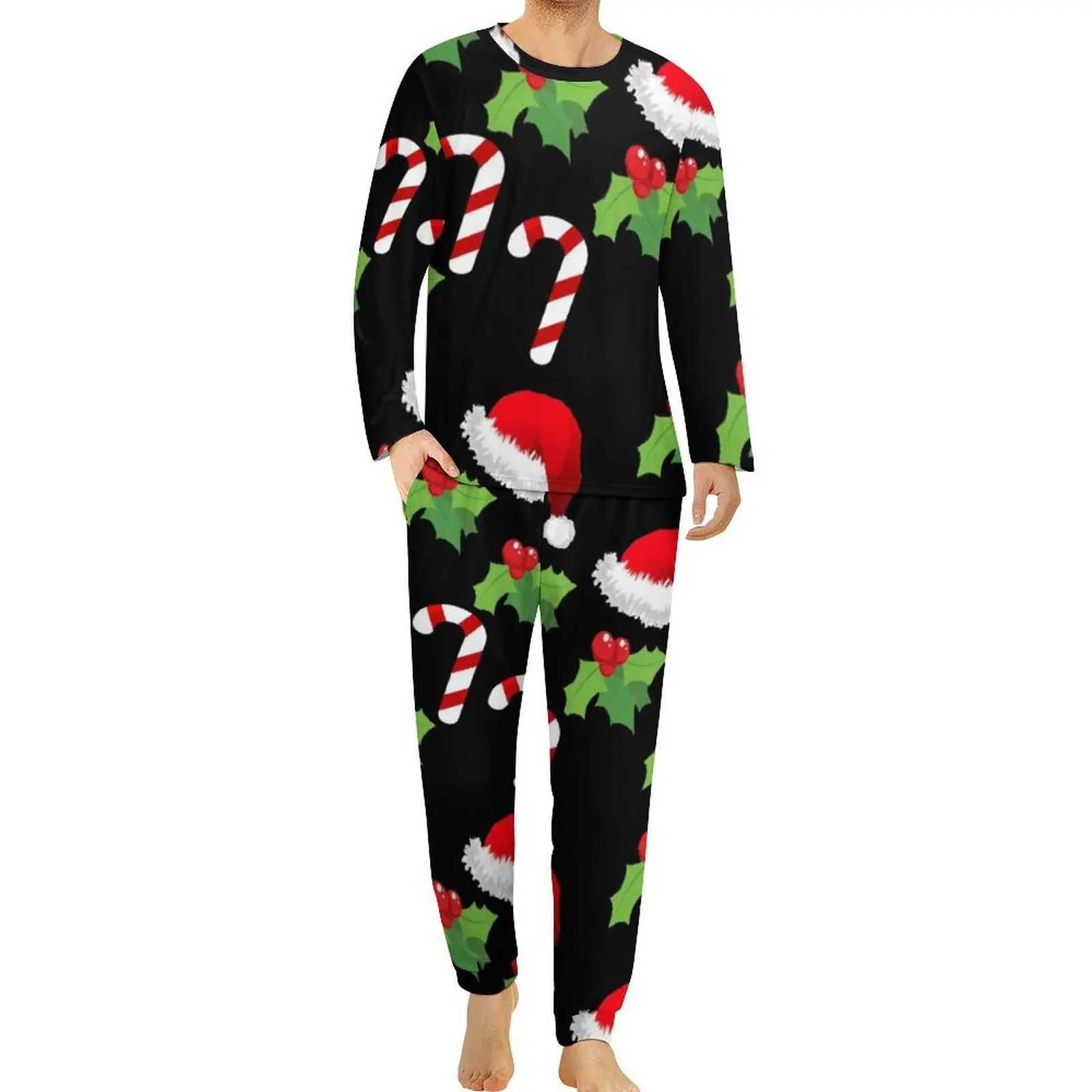 Christmas Hat Print Pajamas Daily Cartoon Christmas Bedroom Nightwear Male 2 Pieces Custom Long Sleeves Big Size Pajamas SetXJ241227