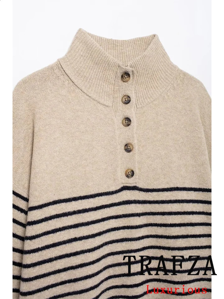 TRAFZA Vintage Casual Women Sweater Striped Stand Collar Long Sleeve Knitted Loose Fashion Autumn Winter Sweaters 241225