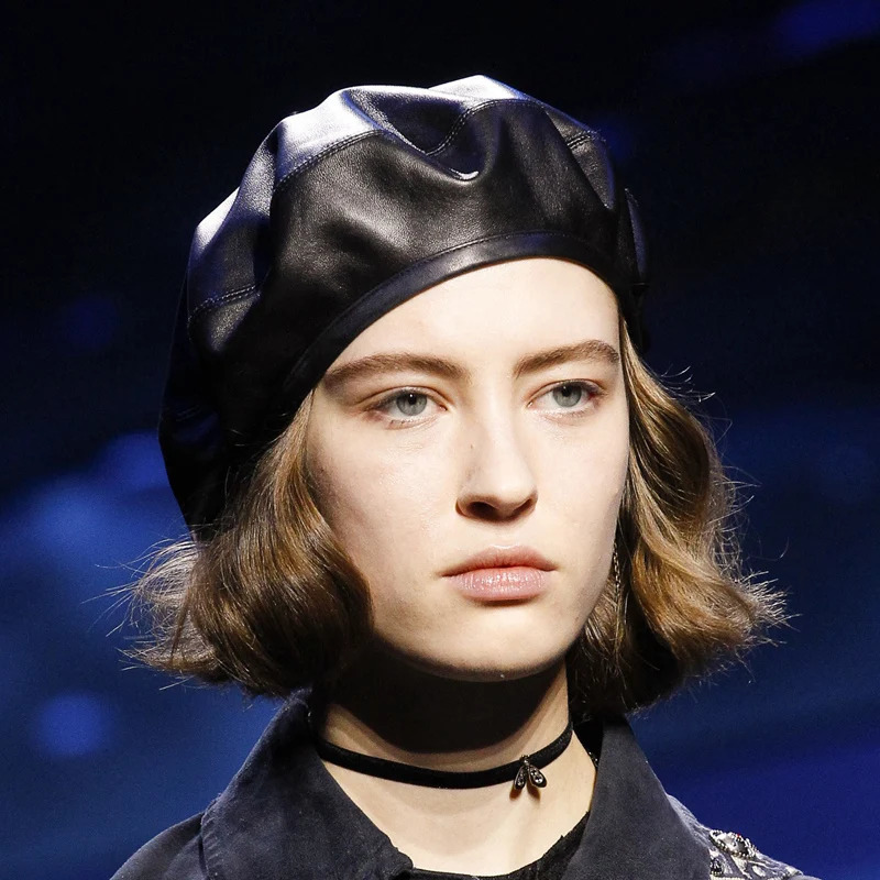 Autumn and winter lambskin Beret female European and American style British painter hat fashion casual versatile Leather Hat 241226