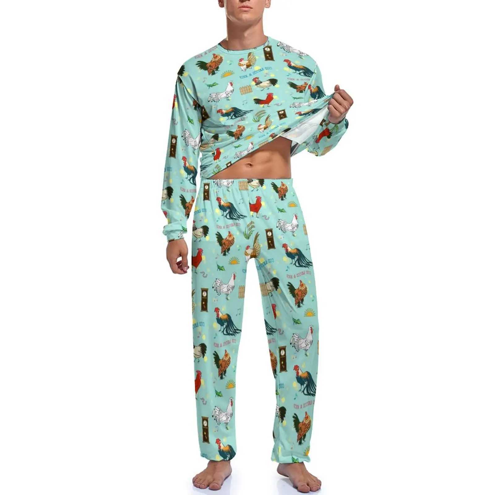Pretty Cartoon Chicken Pajamas Autumn Cute Roosters Leisure Nightwear Man 2 Pieces Design Long-Sleeve Cute Pajama SetsXJ241227