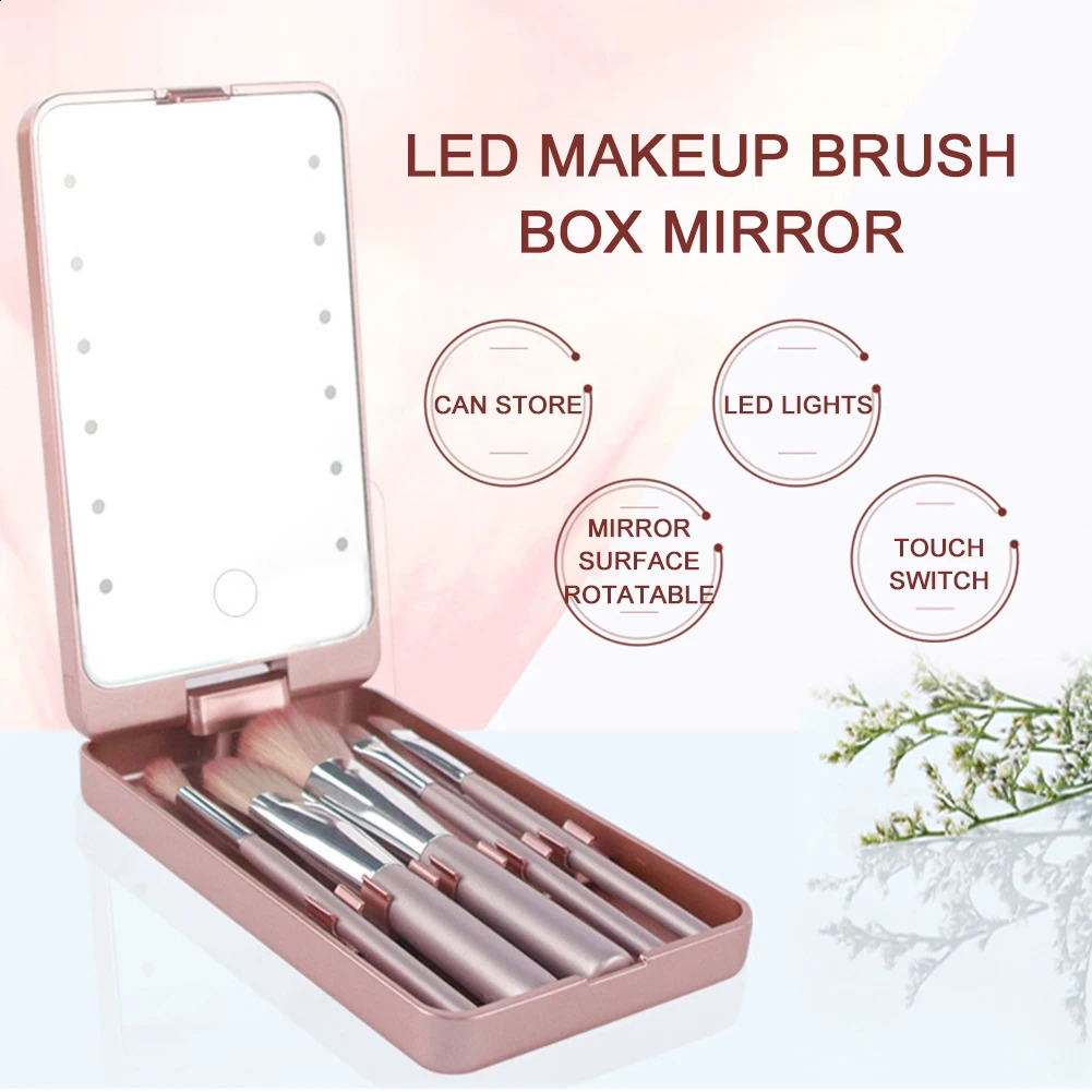 Portable Makeup Mirror With 5 Brushes Storage Box Rotatable LED Touch One-Face Storage Box Foldable Compact Makeup Mirror 241223