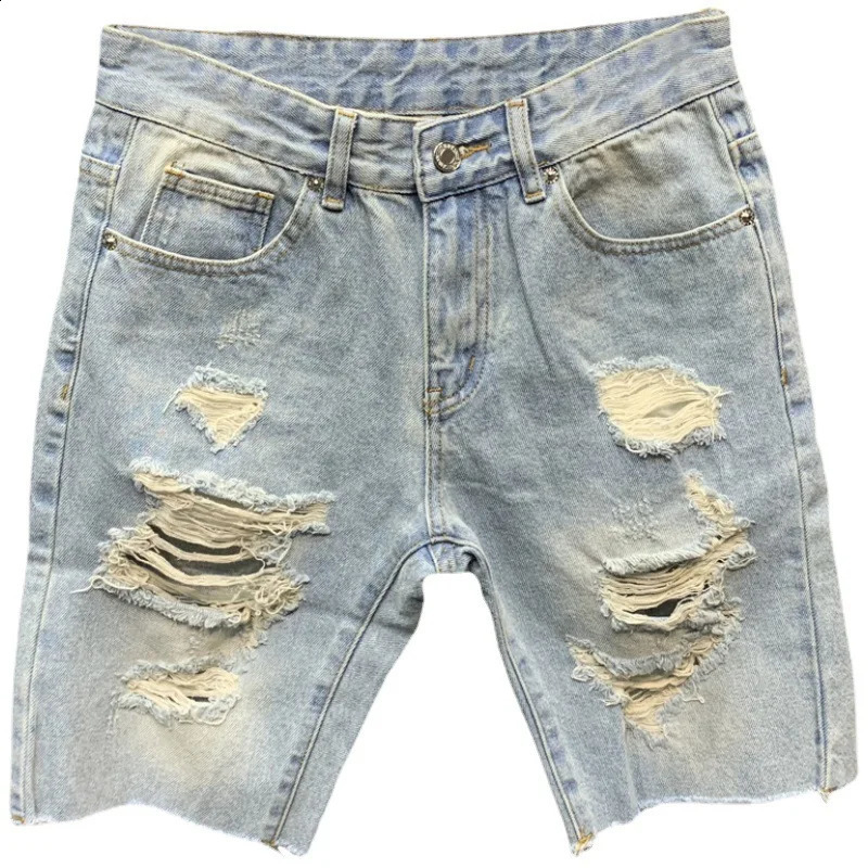 Summer Mens Ripped Denim Shorts Light Blue Knee Length Jeans Fashion Trend Raw Hem Beggar Pants Short Breeches 241227