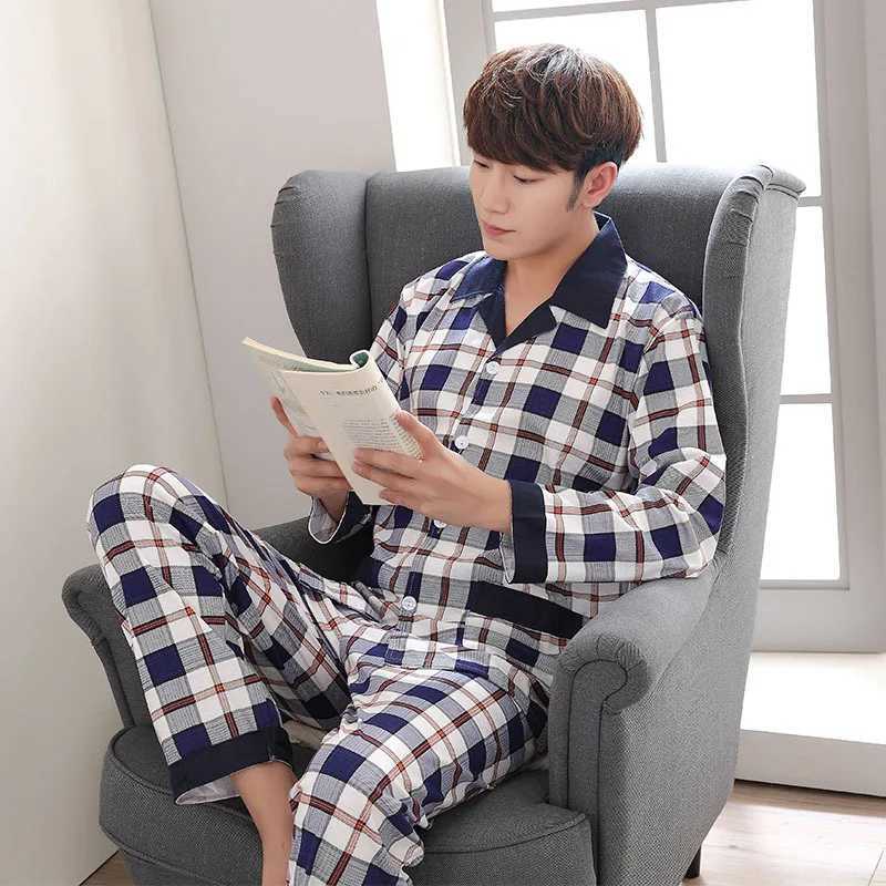 Large Size Warm Sleepwear for Winter Pajamas Mens Long-Sleeved Youth Home Wear 2PCS Set Cartoon Bear Plaid Simple LoungewearXJ241227