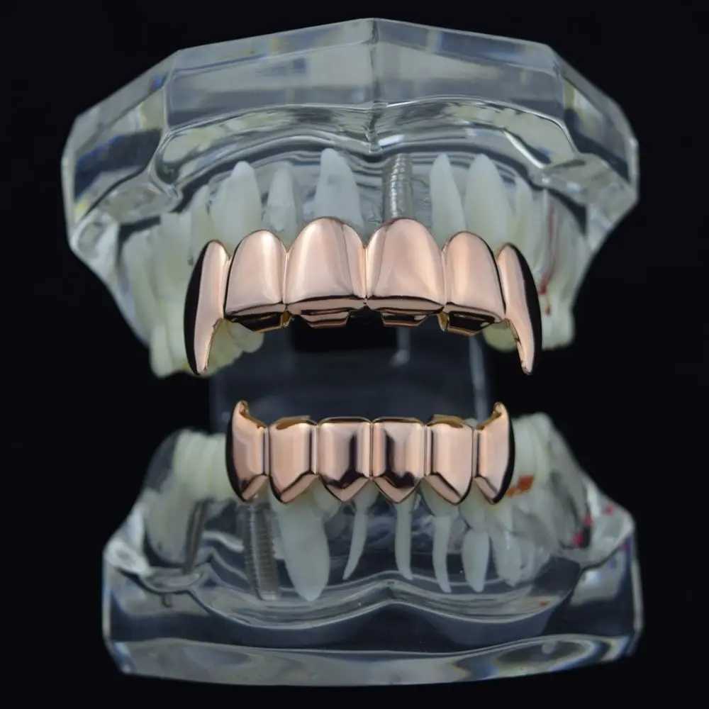 YOUNGX Simple 6/6 Glossy Teeth Grillz Fangs Hip Hop Gold Silver Rose Colors Tooth Cs For Women Men Jewelry Halloween Gift W241227