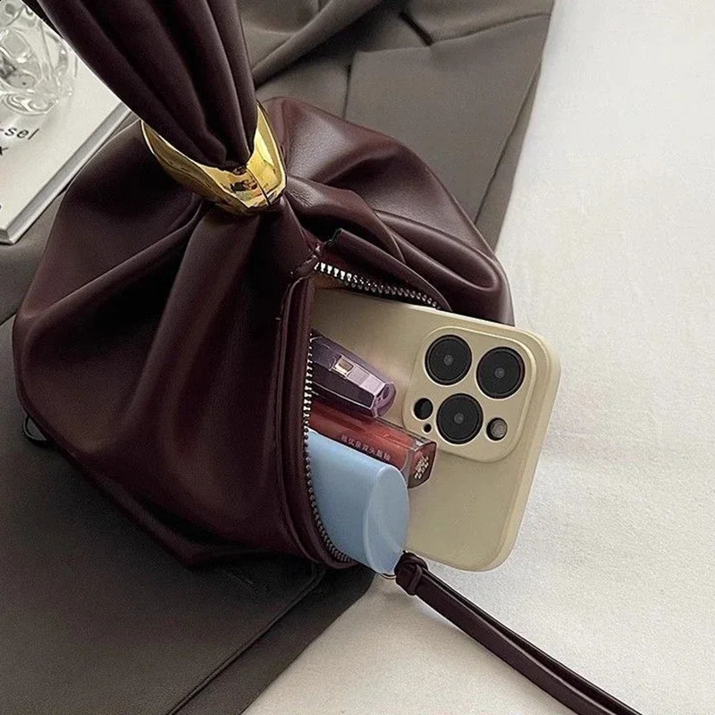 Fashion er Womens Small Handbag Soft Leather Pleated Ladies Mini Clutch Bag 2024 Female Party Evening Purses Bucket Bag 241223