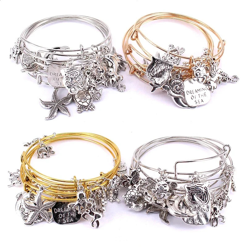 5pcs Bangle Set Wire Bracelets for Women Girls Jewllery Mixed Marine Life Starfish Dolphin Turtle Charm Bracelets C039 241227
