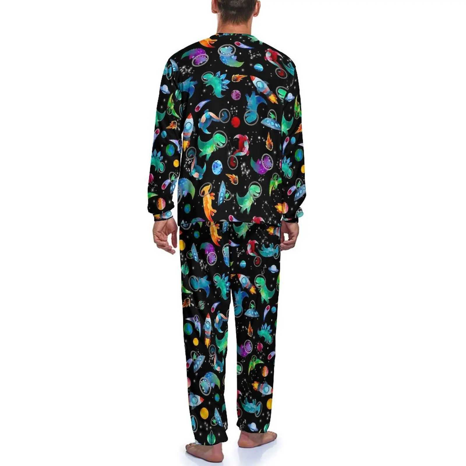Watercolor Space Dinosaurs Galaxy Print Pajamas Male Long Sleeve Pajama Sets 2 Piece Room Autumn Design Nightwear Birthday GiftXJ241227