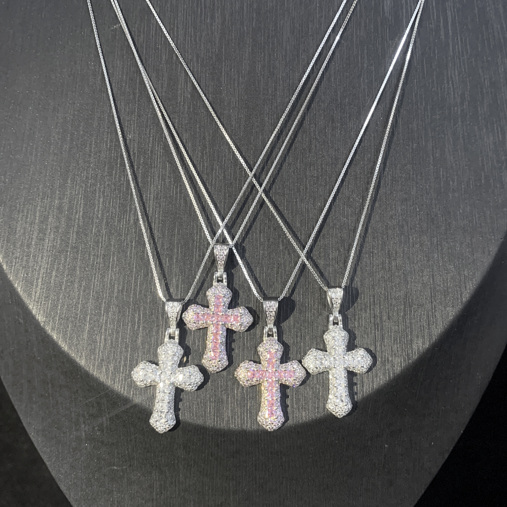 sdzstone Real 925 Sterling Silver Cross Pendant Micro Pave Bling Cz Pink White Cubic Zirconia Necklace for Women Classic Fashion