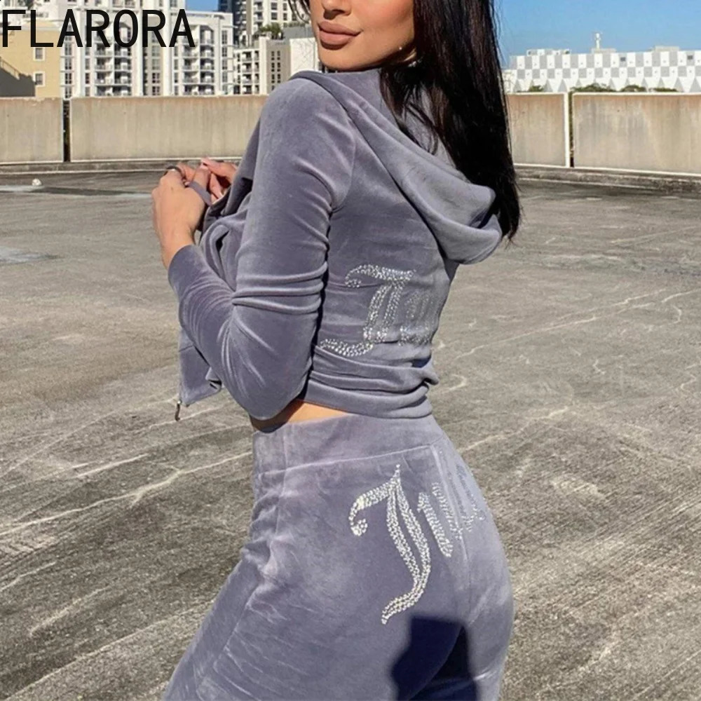 FLARORA Fashion Y2k Diamond Two Piece Sets Woman Long Sleeve Zipper Hoodie Jacket Coats And Pants Suits Casual Street Tracksuits 241224