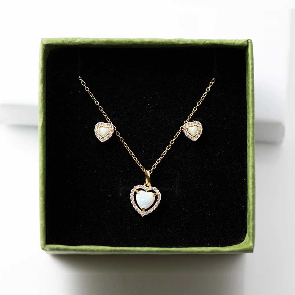 CCFJOYAS Light French Romantic Opal Peach Heart Earrings/Necklace Set 925 Sterling Silver Fine Wedding Jewelry Set Gift 241226
