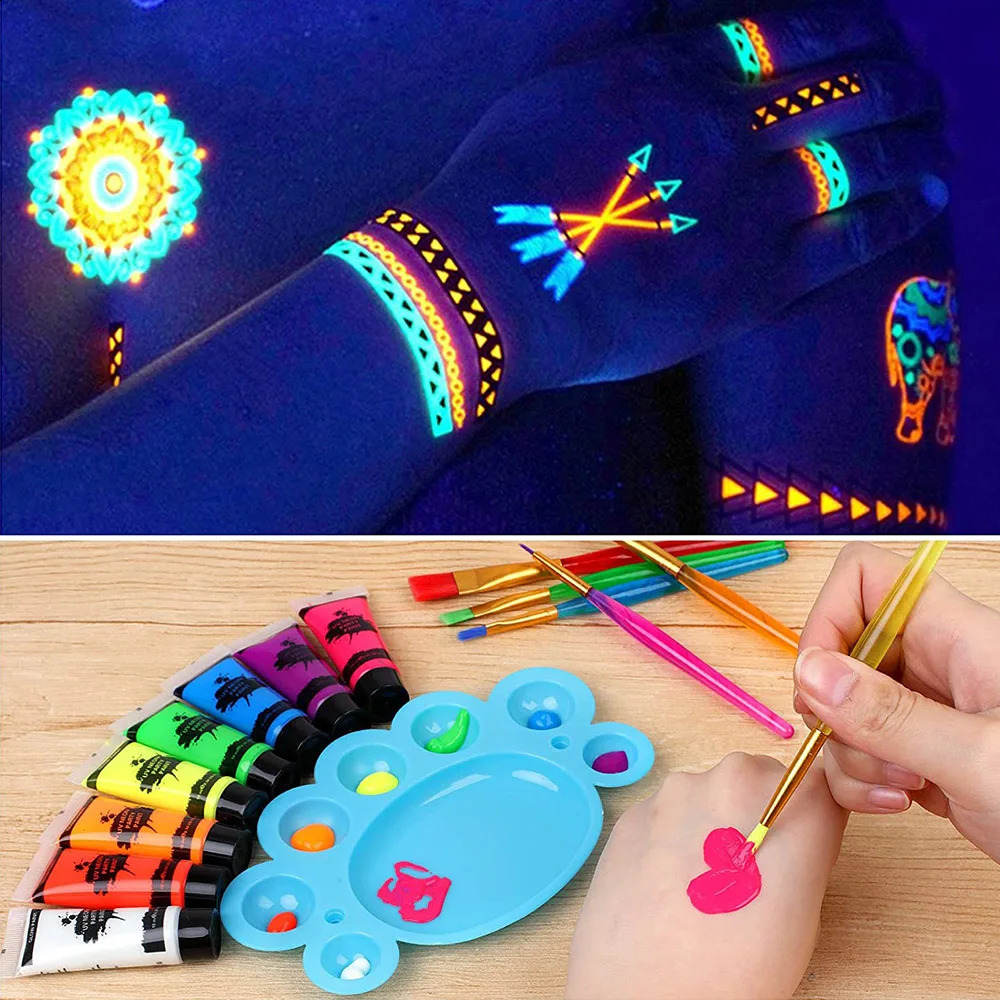 UV Neon Face Body Paint Glow in the Dark Makeup Set Fluorescent Painting for Adults Kids Festivals Party Halloween Christmas 241224